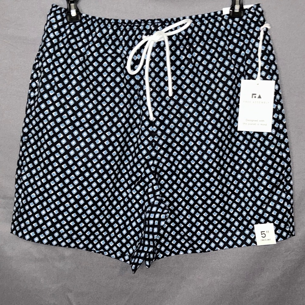 Free Assembly Mens Twill Swim Short 5 Inch Inseam Black Geo Print Small